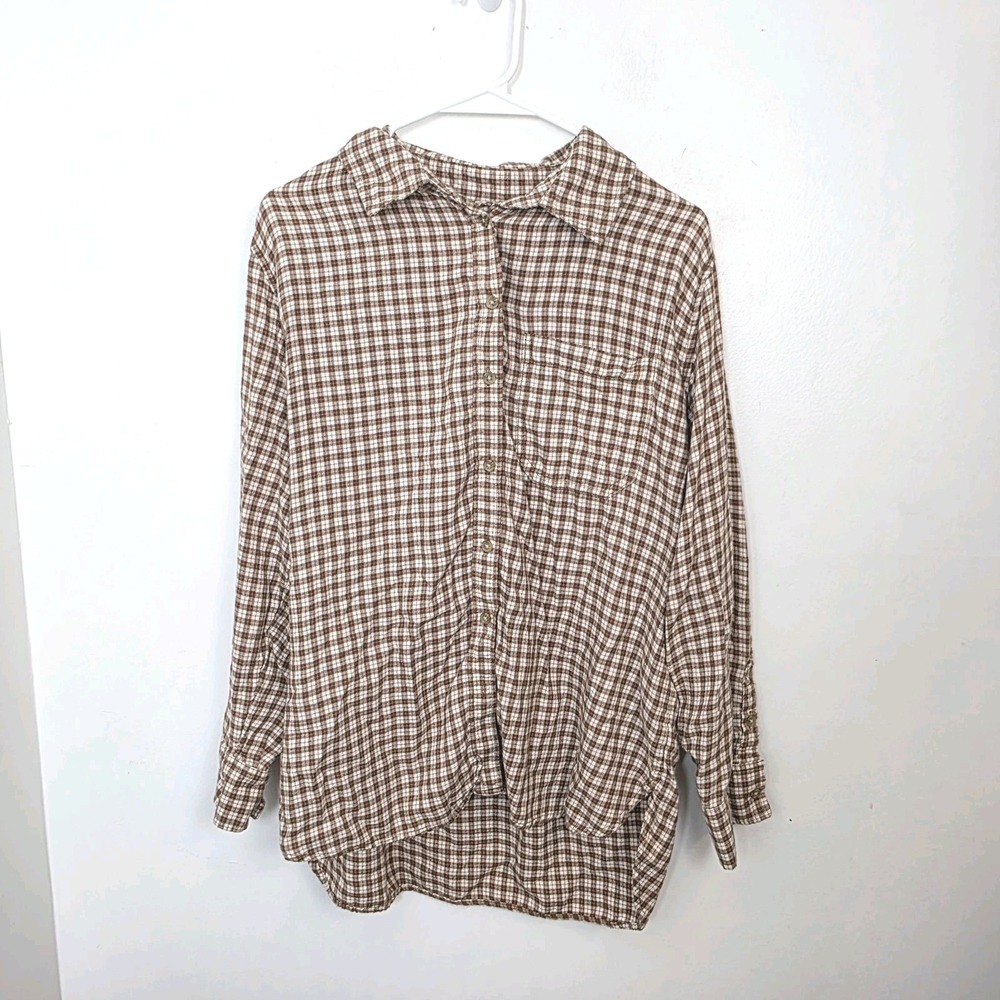 American Eagle Tan Cream Plaid Flannel Lightweight Oversized Shirt Size Small - Picture 2 of 9